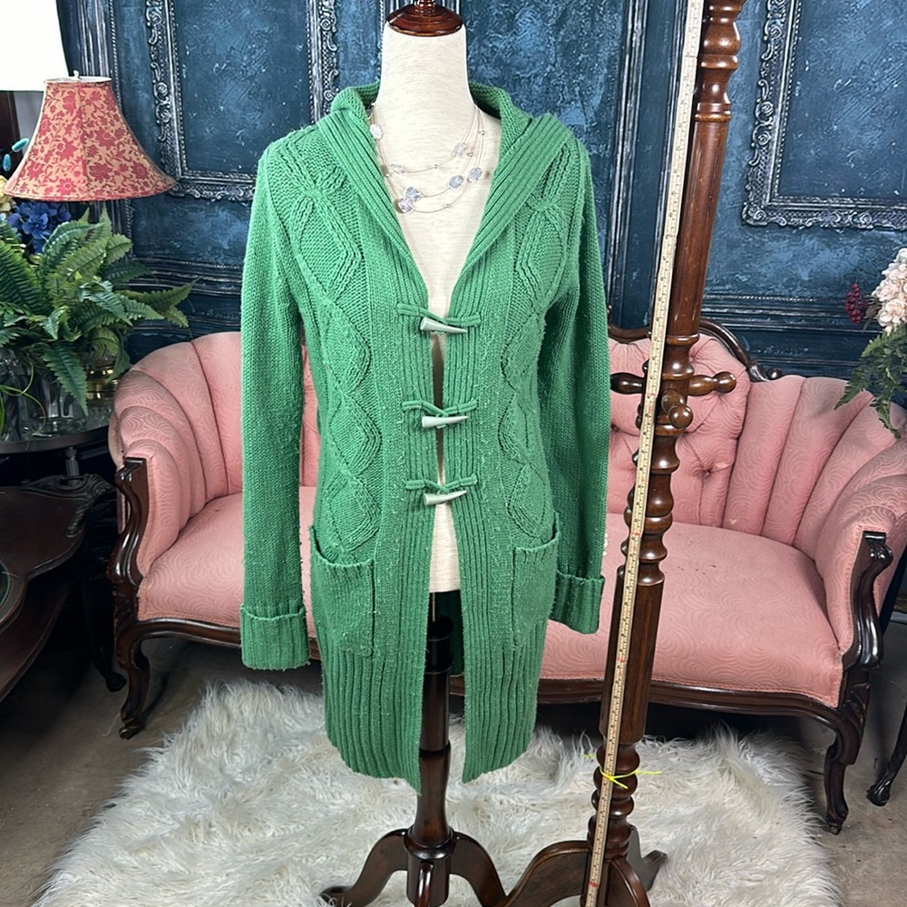 Sagey dusty green cardigan sweater, cable knit toggle buttons pockets and hood